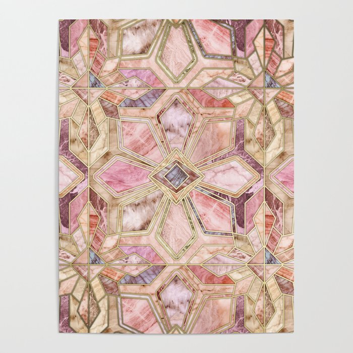 Geometric Gilded Stone Tiles in Blush Pink, Peach and Coral Poster