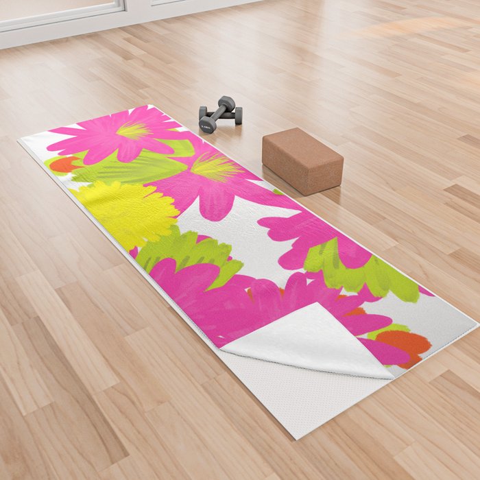 Tropical Flowers Mid-Century Modern Hot Pink And White Yoga Towel