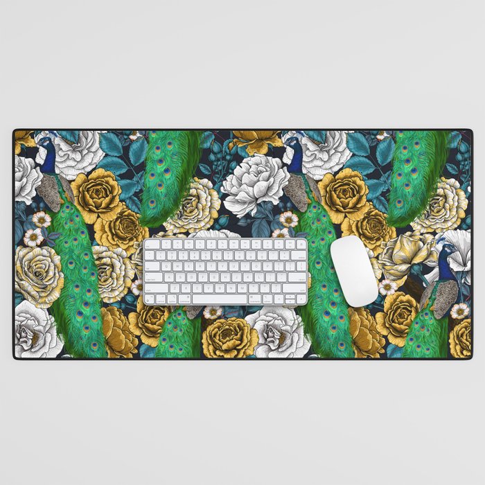 Peacocks in the rose garden 3 Desk Mat