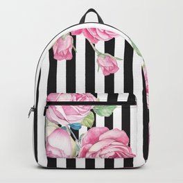 Black white blush pink watercolor floral stripes Backpack