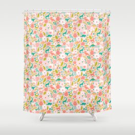 Dinosaurs + Unicorns in Pink + Teal Shower Curtain