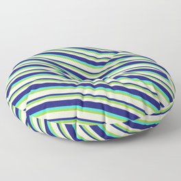 [ Thumbnail: Green, Beige, Midnight Blue & Turquoise Colored Lined/Striped Pattern Floor Pillow ]