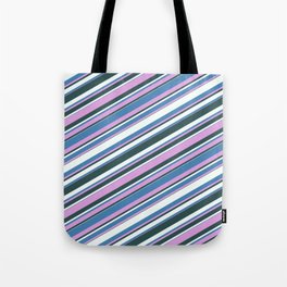 [ Thumbnail: Blue, Plum, Dark Slate Gray, and Mint Cream Colored Lined/Striped Pattern Tote Bag ]