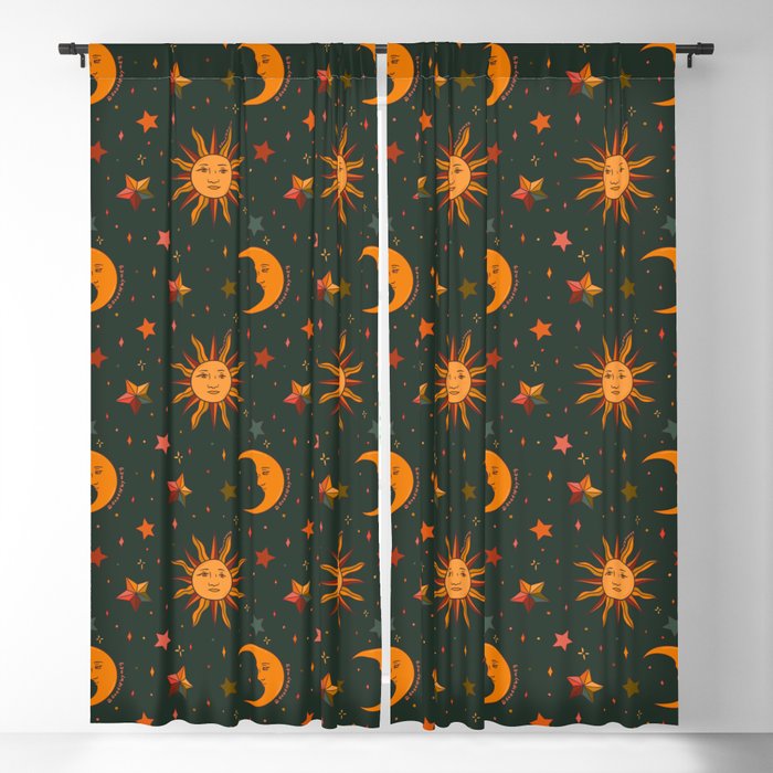 Folk Moon and Star Print in Teal Blackout Curtain