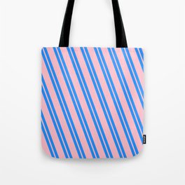 [ Thumbnail: Blue and Pink Colored Striped Pattern Tote Bag ]