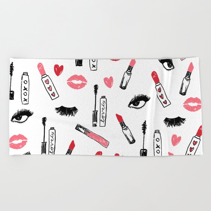 Makeup valentines day red and pink lipstick kiss eyelashes Beach Towel