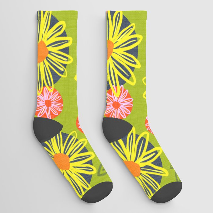 Retro Modern Inked Wildflowers On Green Socks