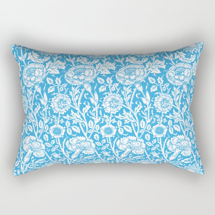 William Morris Floral Pattern | “Pink and Rose” in Turquoise Blue and White | Vintage Flower Pattern Rectangular Pillow