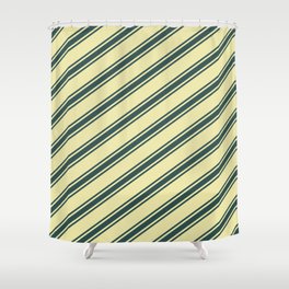 [ Thumbnail: Pale Goldenrod & Dark Slate Gray Colored Lined Pattern Shower Curtain ]
