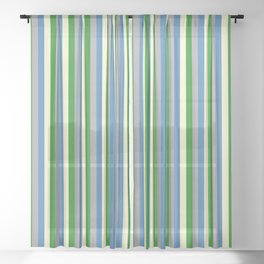 [ Thumbnail: Blue, Dark Gray, Forest Green & Light Yellow Colored Stripes/Lines Pattern Sheer Curtain ]
