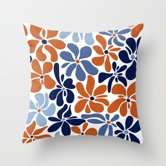 Abstract Flowers, Orange, Blue and White Throw Pillow