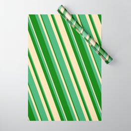 [ Thumbnail: Sea Green, Green & Beige Colored Striped/Lined Pattern Wrapping Paper ]