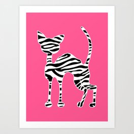 Zebra Cat / Black and white cat in zebra pattern / Hot neon pink / Honey Club Art Print