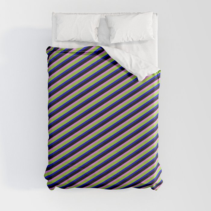 Violet, Green, Blue, and Black Colored Lined/Striped Pattern Duvet Cover