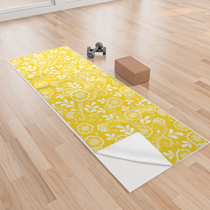 Yellow And White Eastern Floral Pattern Yoga Towel