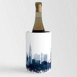 Chicago Skyline Navy Blue Watercolor by Zouzounio Art Wine Chiller