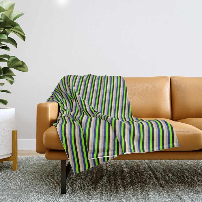 Eye-catching Tan, Dark Grey, Midnight Blue, Chartreuse, and Black Colored Stripes/Lines Pattern Throw Blanket