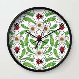 Ladybugs & Daisies - Cute Floral Bug Pattern with Ladybirds Wall Clock