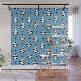 Cute Panda Print On Blue Background Pattern Wall Mural