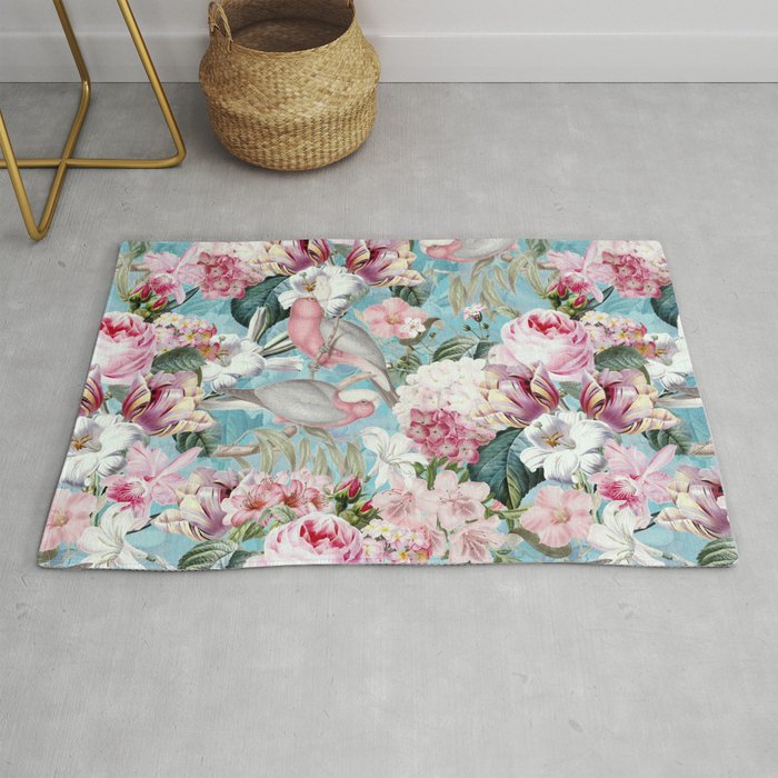 Vintage & Shabby Chic - Flower Garden Dance And Birds On Teal Rug by ...