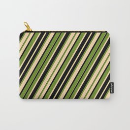 [ Thumbnail: Green, Tan & Black Colored Stripes/Lines Pattern Carry-All Pouch ]