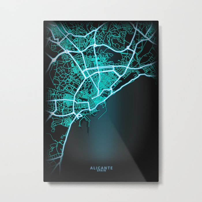 Alicante, Spain, Blue, White, Neon, Glow, City, Map Metal Print