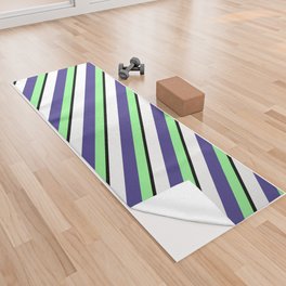 [ Thumbnail: Green, Dark Slate Blue, White & Black Colored Striped Pattern Yoga Towel ]