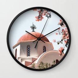 Summer In Greece Art Print | Pink Flowers Photo | Crete Island Holiday | Europe Travel Photography Wall Clock