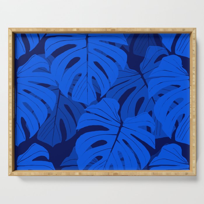 Bright Blue Monstera Leaves Dark Background #decor #society6 #buyart Serving Tray