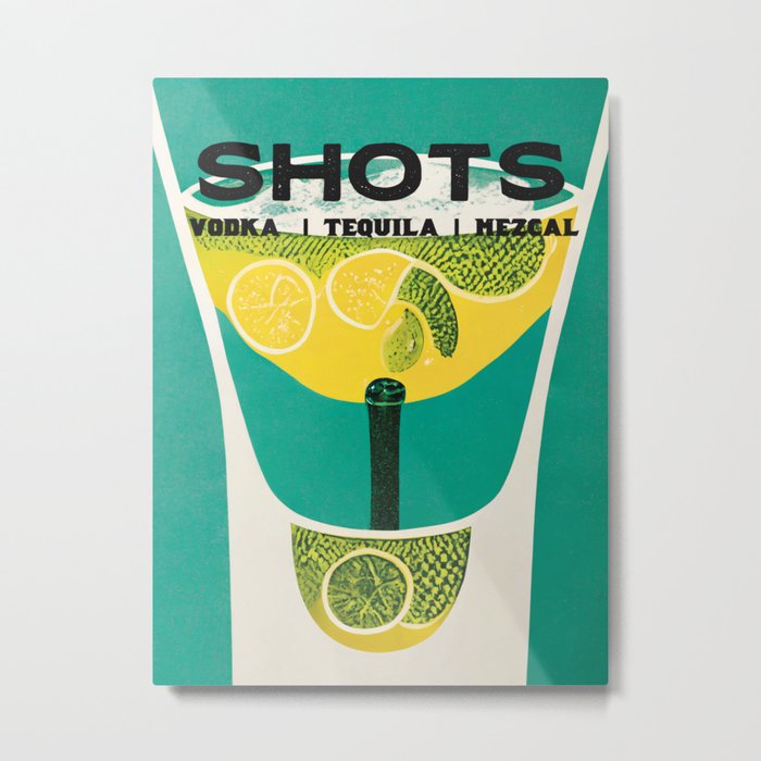 Shots Retro Poster Vodka Tequila Mezcal Bar Prints, Vintage Drinks, Recipe, Wall Art Metal Print