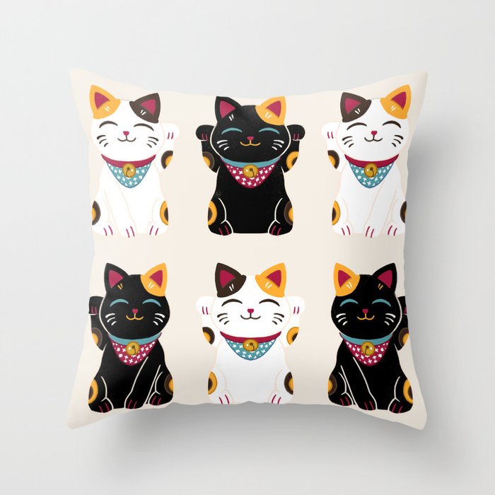 Maneki Neko - Lucky Cats Throw Pillow
