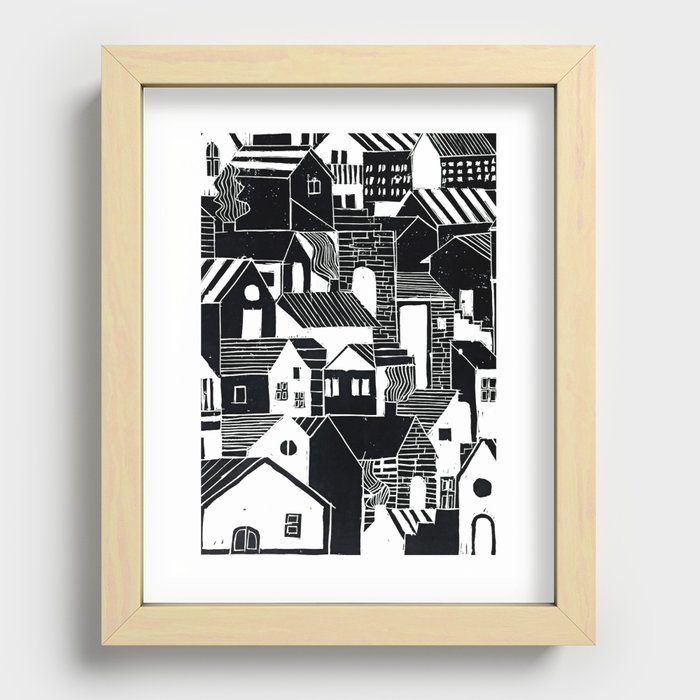 Linocut Houses Black and White Minimalist Recessed Framed Print