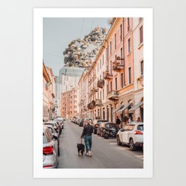 Walking the dog in Milan | Street photo pastel travel photography art print Art Print