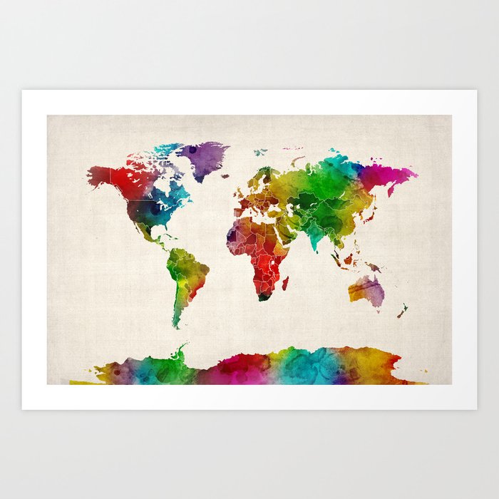 Watercolor Map of the World Map Art Print