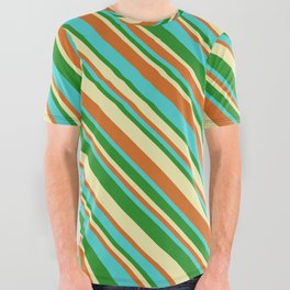 [ Thumbnail: Pale Goldenrod, Chocolate, Turquoise & Forest Green Colored Lines Pattern All Over Graphic Tee ]