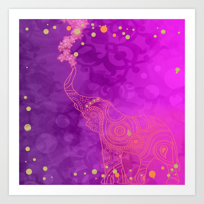 Pink Purple & Gold Good Luck Elephant Art Print