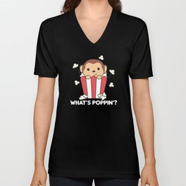 Monkey Popcorn Whats Poppin Funny Pun V Neck T Shirt