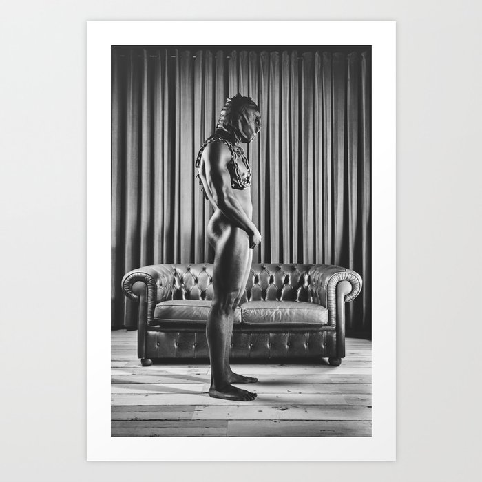 Fetish style photograph - Sexy muscular Man naked or nude wearing bdsm mask and chain #0025 Art Print