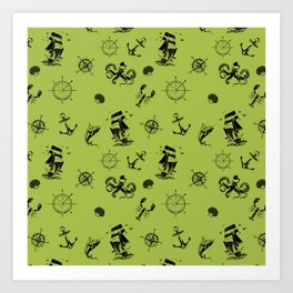 Light Green And Black Silhouettes Of Vintage Nautical Pattern Art Print