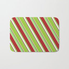 [ Thumbnail: Red, Light Green, Green & Mint Cream Colored Lines Pattern Bath Mat ]