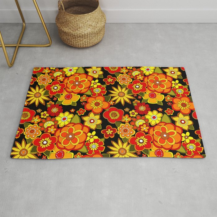 Super Groovy Flowers Black Base Orange Rug By Yesterdaypeople Society6