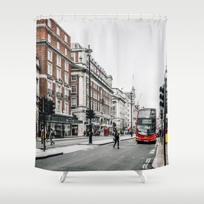 Red bus in Piccadilly street in London Shower Curtain