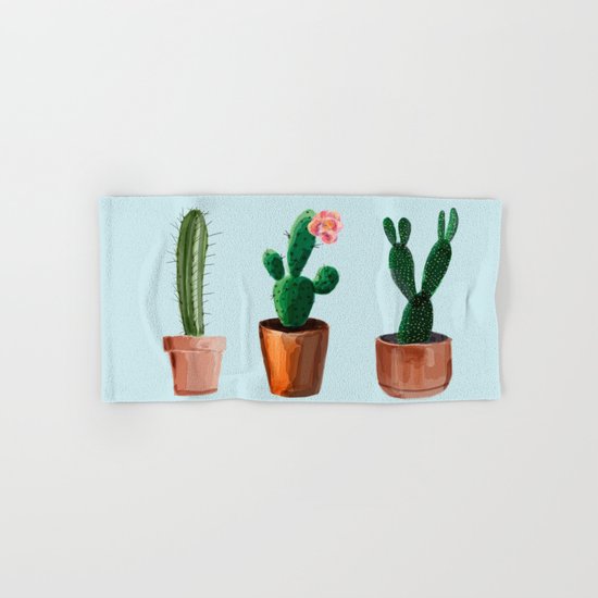Three Cacti On Light Blue Background Hand & Bath Towel