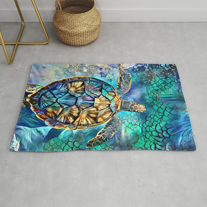 Sea Gold Blue Turtle Modern Artwork Sealife Design Turtles Colorful art  Rug