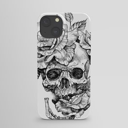 Black and White skull with roses pen drawing iPhone Case