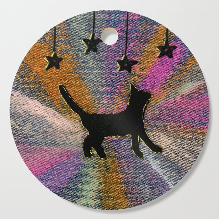 Starburst Kitty - Black Cat with Gold Stars and Rainbow Embroidery Cutting Board