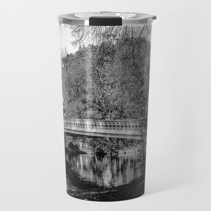 Autumn Fall in Central Park Bow Bridge in New York City black and white Travel Mug