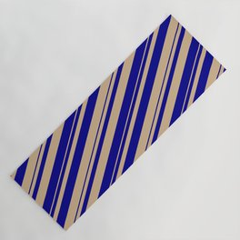 [ Thumbnail: Tan & Dark Blue Colored Stripes/Lines Pattern Yoga Mat ]