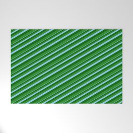 [ Thumbnail: Sky Blue, Dark Green, and Forest Green Colored Lined Pattern Welcome Mat ]