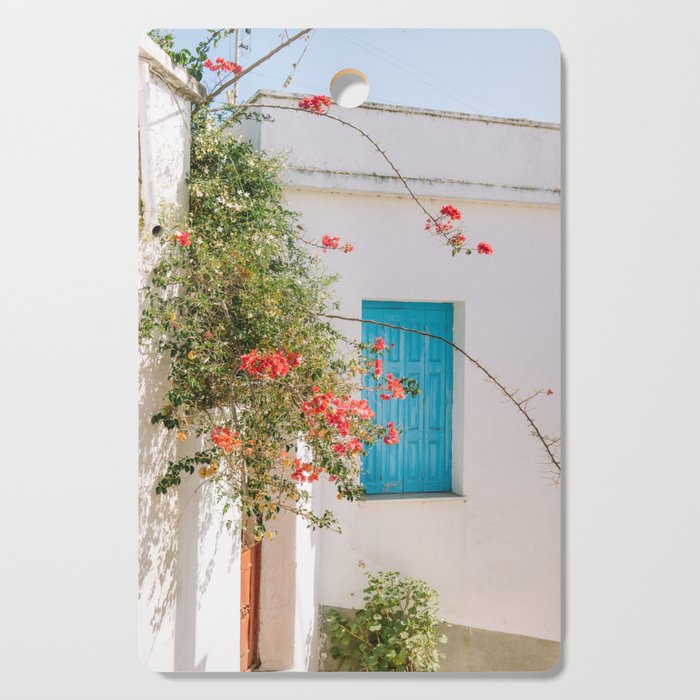 Greek Street Scene | Blue Shutter Still Live | Red Flowers | Mediterranean Setting Landscape Cutting Board